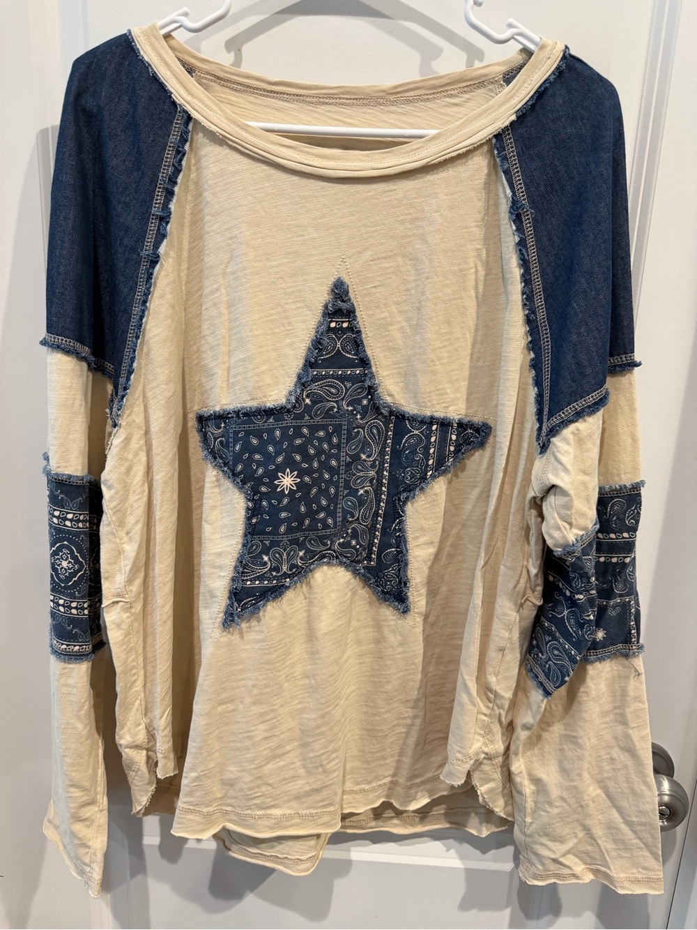 SHEIN Long Sleeve Top with Navy Bandana Star Patch Size Large